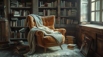 Comfortable Armchair in a Sunlit Library With Bookshelves Filled With Literature photo