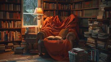 Cozy Armchair With Open Book in a Library Filled With Books photo