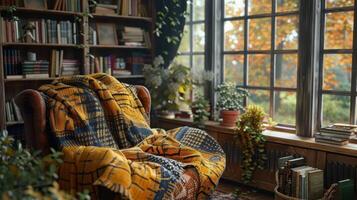 Cozy Armchair Near a Window With Autumnal Views and Bookshelves photo