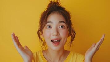 Woman With Brown Hair In A Yellow Shirt Is Excited In Front Of A Yellow Background photo