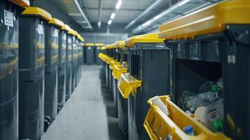 Rows of Yellow-Lidded Recycling Bins in an Industrial Facility photo
