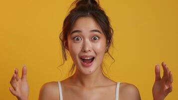 Woman With Excited Expression In Front Of Yellow Background photo