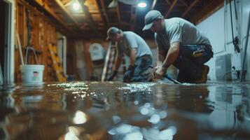 Two Men Working To Remove Floodwater From Basement photo