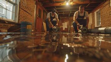 Two Workers Pumping Water From Flooded Basement photo