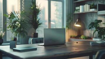 A Laptop Resting on a Wooden Desk Near a Window With Plants in a Modern Office photo