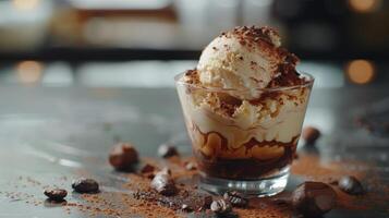 Close Up of Coffee Ice Cream Dessert With Cocoa Powder and Coffee Beans photo