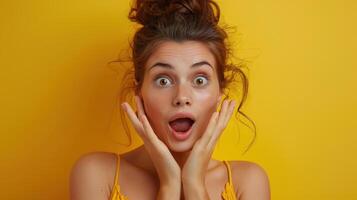 Young Woman With Surprised Expression Against Yellow Background photo