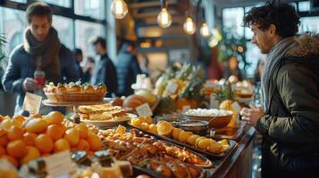 Man Choosing Food at a Busy European Market photo