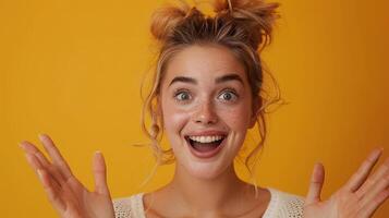 Young Woman With Blonde Hair Smiling In Front Of Yellow Background photo