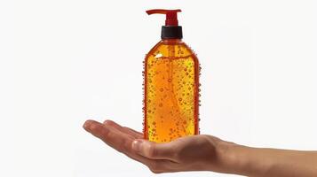 A Hand Holding a Bottle of Orange-Colored Liquid Soap photo