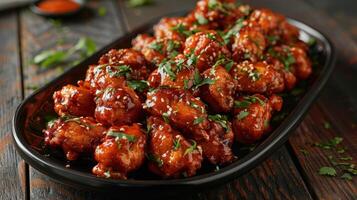 Close Up of Glazed Chicken Wings With Sesame Seeds and Parsley on a Black Platter photo