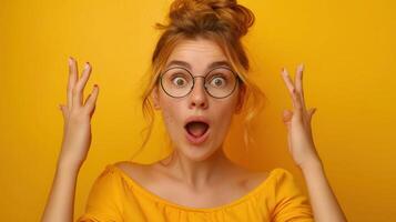 Woman in Yellow Shirt and Glasses Expressing Surprise in Front of a Yellow Background photo