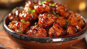 Closeup of Sweet and Savory Glazed Chicken Bites With Sesame Seeds and Green Onions in a Brown Bowl photo