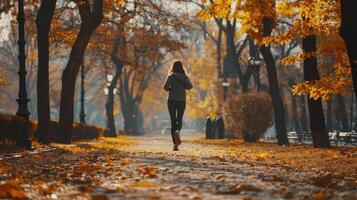 Woman Jogging Through Autumn Park Pathway photo