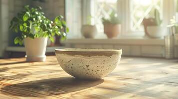 White Ceramic Bowl on Wooden Table Near Window With Sunlight photo