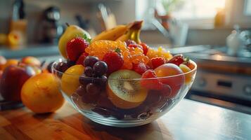 A Bowl of Fresh Fruit on a Kitchen Countertop in the Morning Sunlight photo