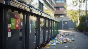 Recycling Bins Lined Up Outside City Building in Daylight photo