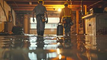 Two Construction Workers Walking Through Flooded Basement photo