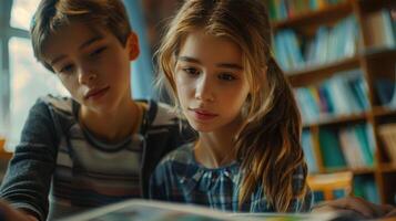 Young Boy and Girl Studying Together in a Library photo
