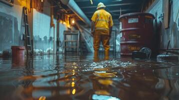 A Worker Standing in a Flooded Basement photo