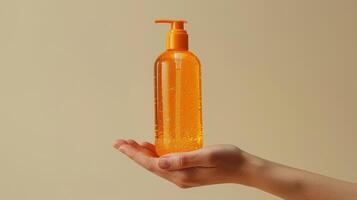 Hand Holding Orange Pump Bottle of Liquid Soap photo