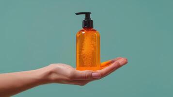 Orange Liquid Hand Soap Bottle Held in a Hand Against a Teal Background photo