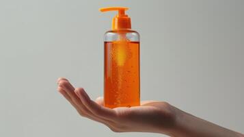Hand Holding Orange Pump Bottle of Liquid Soap photo