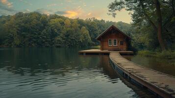 Wooden Cabin on a Lake at Sunset photo