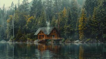 A Secluded Cabin With Smoke Rising From Its Chimney on a Foggy Morning in a Forest by a Lake photo