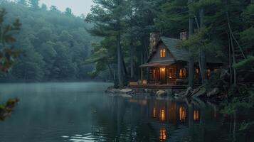 A Secluded Cabin on a Foggy Lake at Dusk photo