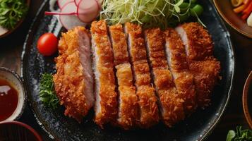 Crispy Fried Pork Cutlet Served on Black Plate photo