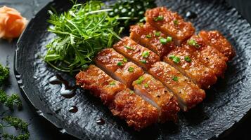 Crispy Pork Cutlets With Green Salad on Black Plate photo