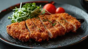 Crispy Breaded Pork Cutlet With Microgreens and Tomatoes on Black Plate photo