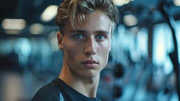 Young Man With Blonde Hair Posing in a Fitness Center photo