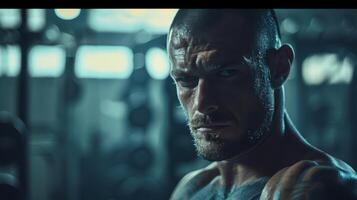 A Muscular Man's Intense Gaze in a Gym Setting photo