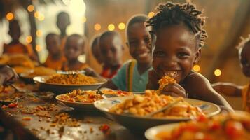Smiling Child Eating Food at a Communal Table in Africa photo