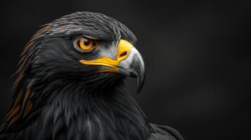 Close Up of a Black Eagle's Head Against a Dark Background photo