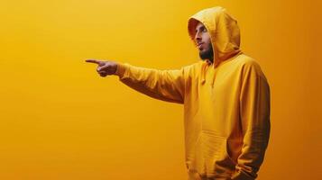 Man Wearing Yellow Hoodie Points to the Right in Front of a Yellow Background photo