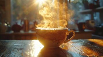 A Steaming Cup of Coffee on a Wooden Table in the Morning Sun photo