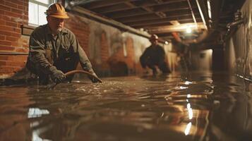 Worker Pumping Water From Flooded Basement photo