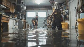 Two Men Cleaning Up Flooded Garage After Storm photo
