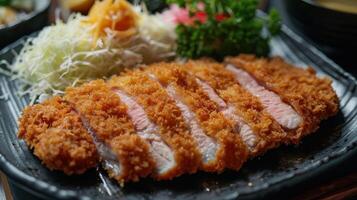 Crispy Breaded Pork Cutlet Served on Black Plate With Cabbage Salad photo