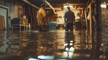 Two Men Walking Through A Flooded Basement photo