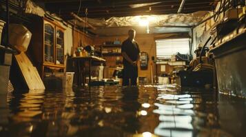 A Man Standing in a Flooded Basement During a Storm photo
