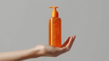 Hand Holding Orange Pump Bottle of Liquid Soap photo
