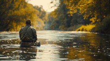 A Man Fly Fishing in a River During Golden Hour photo