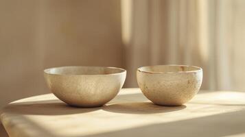 Two Ceramic Bowls on Wooden Table in Natural Light photo
