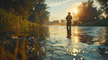 Silhouetted Fisherman Casting Line in River at Sunset photo