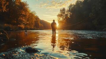 Silhouetted Fisherman Stands in a River at Sunset photo