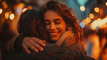 Two Women Embrace In Front Of Bokeh Lights At Night photo